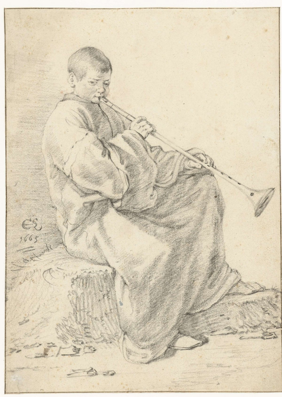 Sitting Boy with Flute, Cornelis Saftleven, 1665