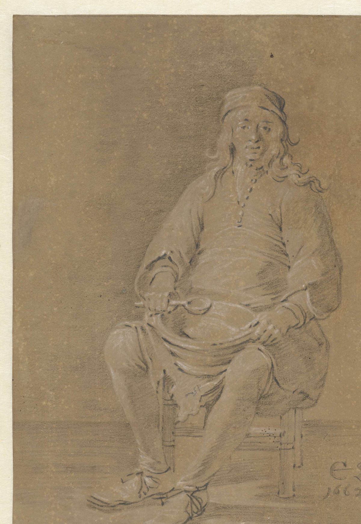 Seated man with a bowl on his lap, Cornelis Saftleven, 1662