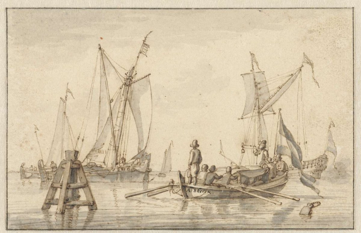 Silent sea with some boats, Abraham Storck, 1645 - 1710