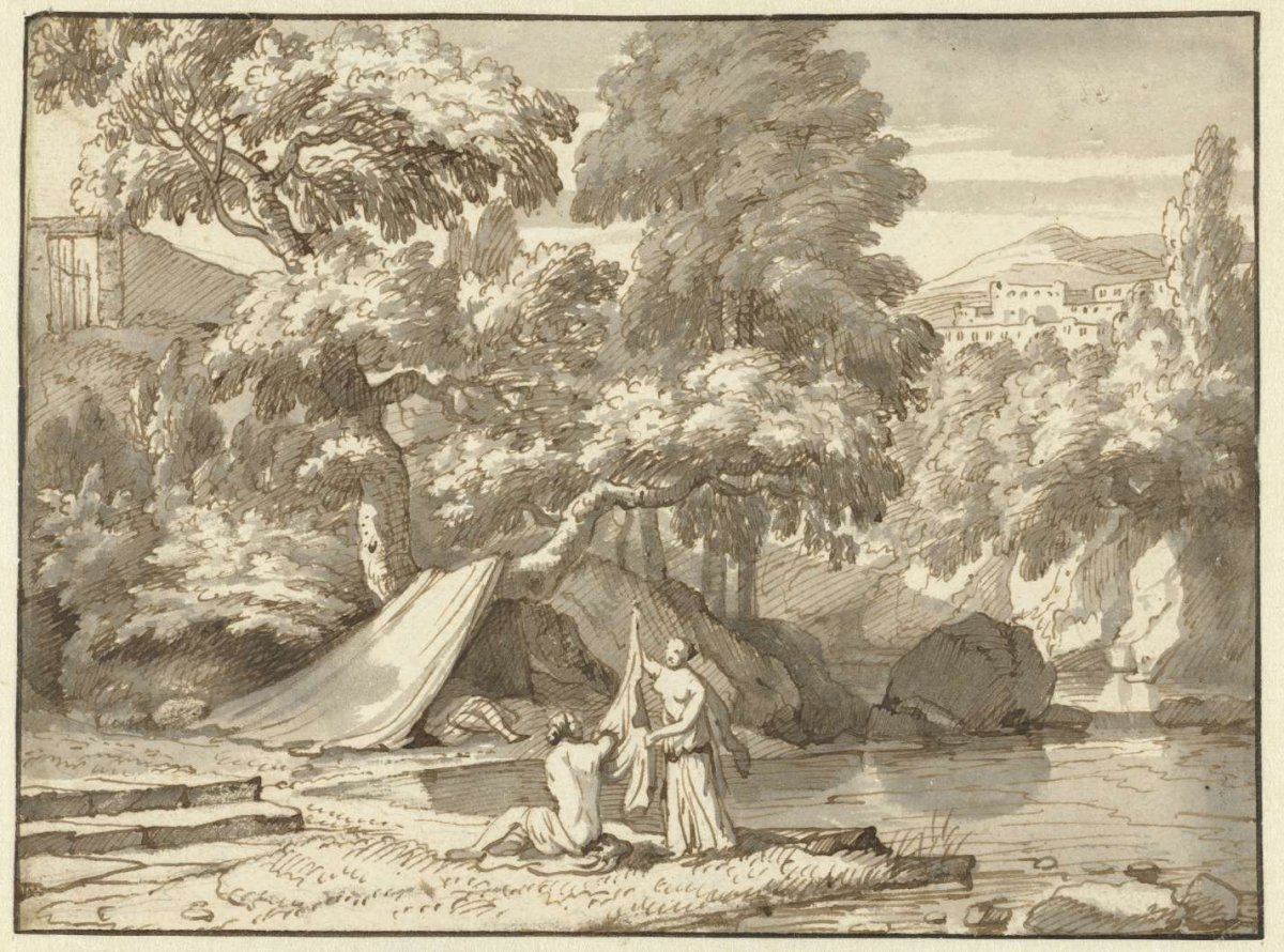 Arcadian landscape with dressing nymphs, Jacob Esselens, 1636 - 1687