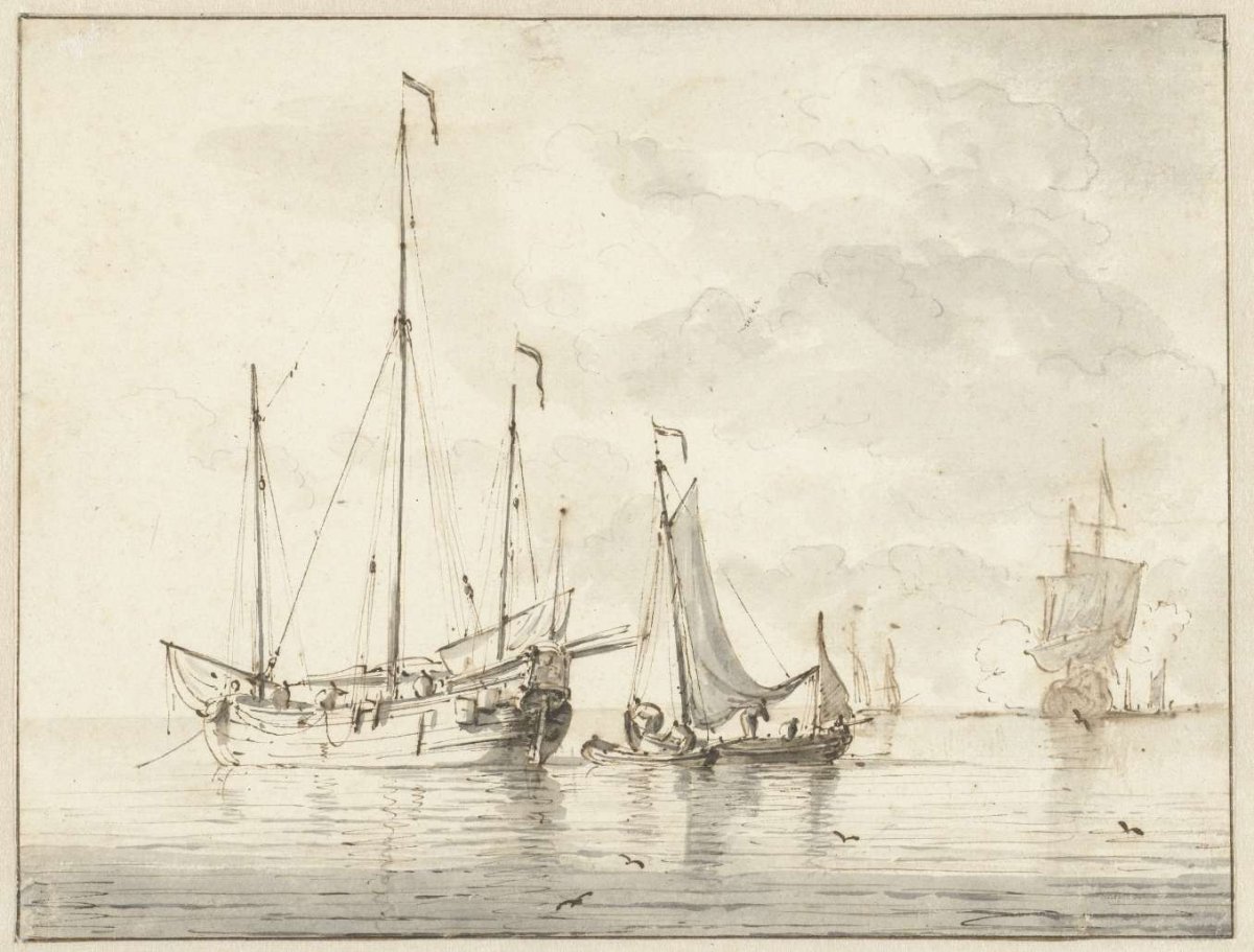 Enkele schepen in stil water, Willem van de Velde (II), 1643 - 1707