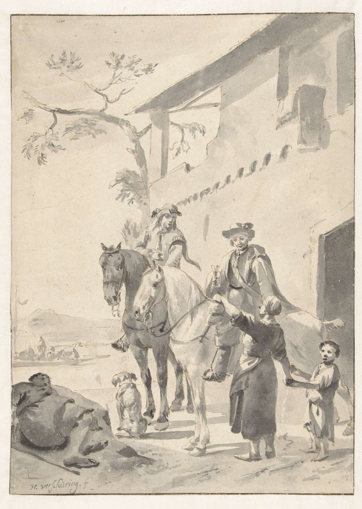 Horsemen resting at an inn, Hendrik Verschuring, 1637 - 1690