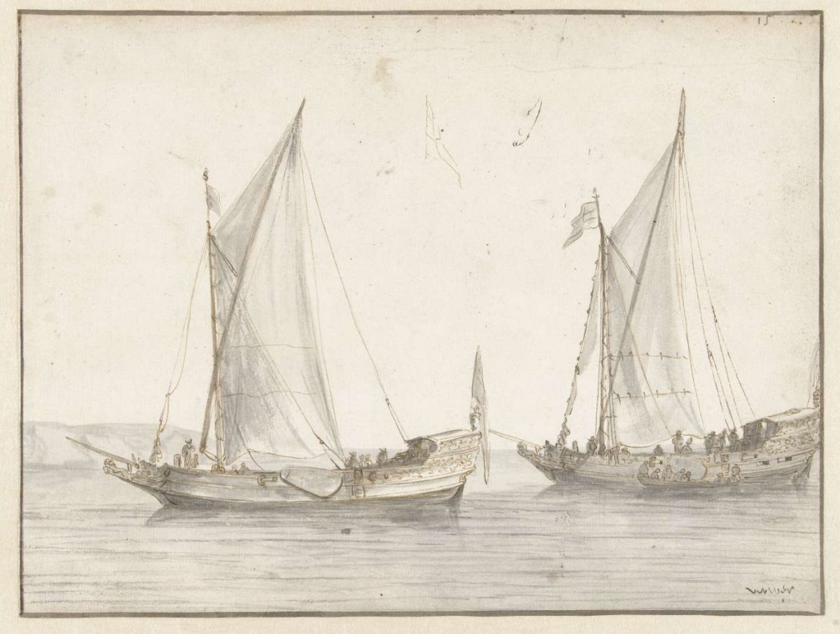 Silent sea with two yachts, Abraham de Verwer, 1600 - 1650