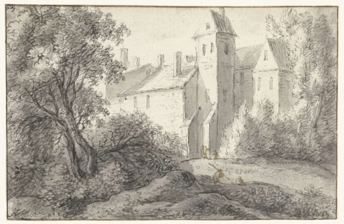 View of a group of houses surrounded by tall trees, Anthonie Waterloo, 1619 - 1690