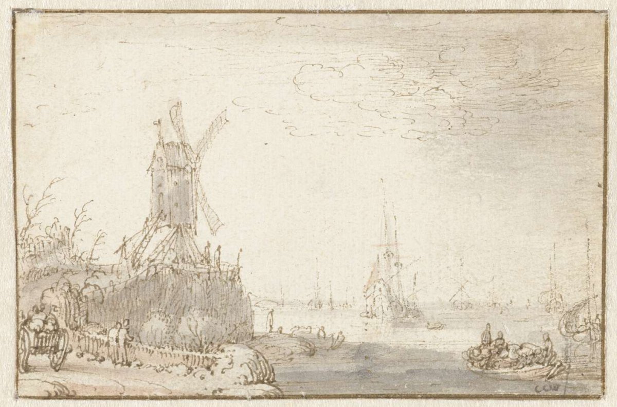 River view with windmill, Cornelis Claesz van Wieringen, 1590 - 1633