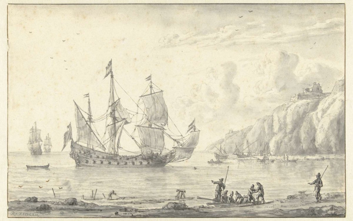Three-master at the roadstead of a rocky shore, Reinier Nooms, 1633 - 1667