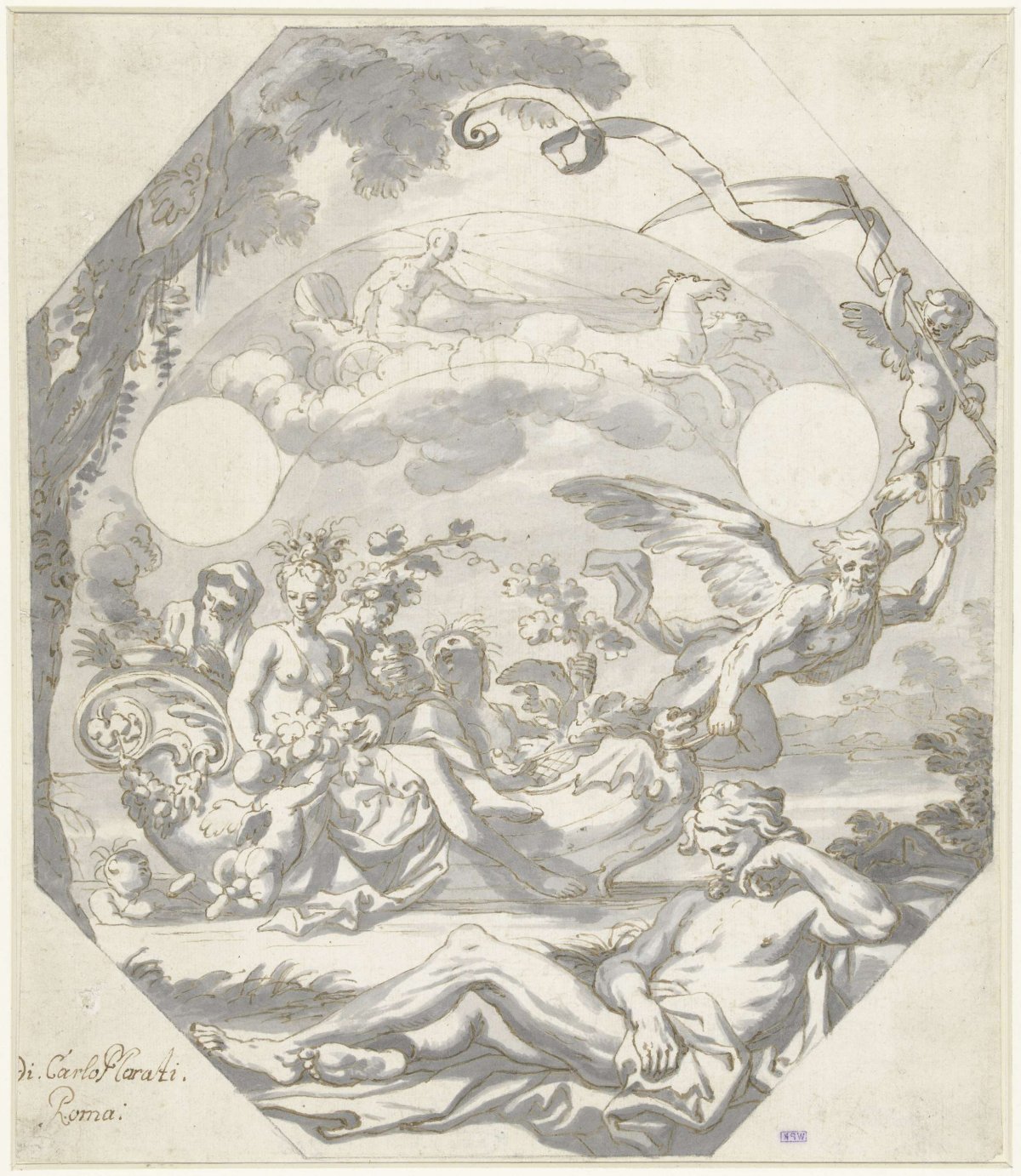 Design for a dial with a mythological allegory, Domenico I Piola, c. 1690 - c. 1695
