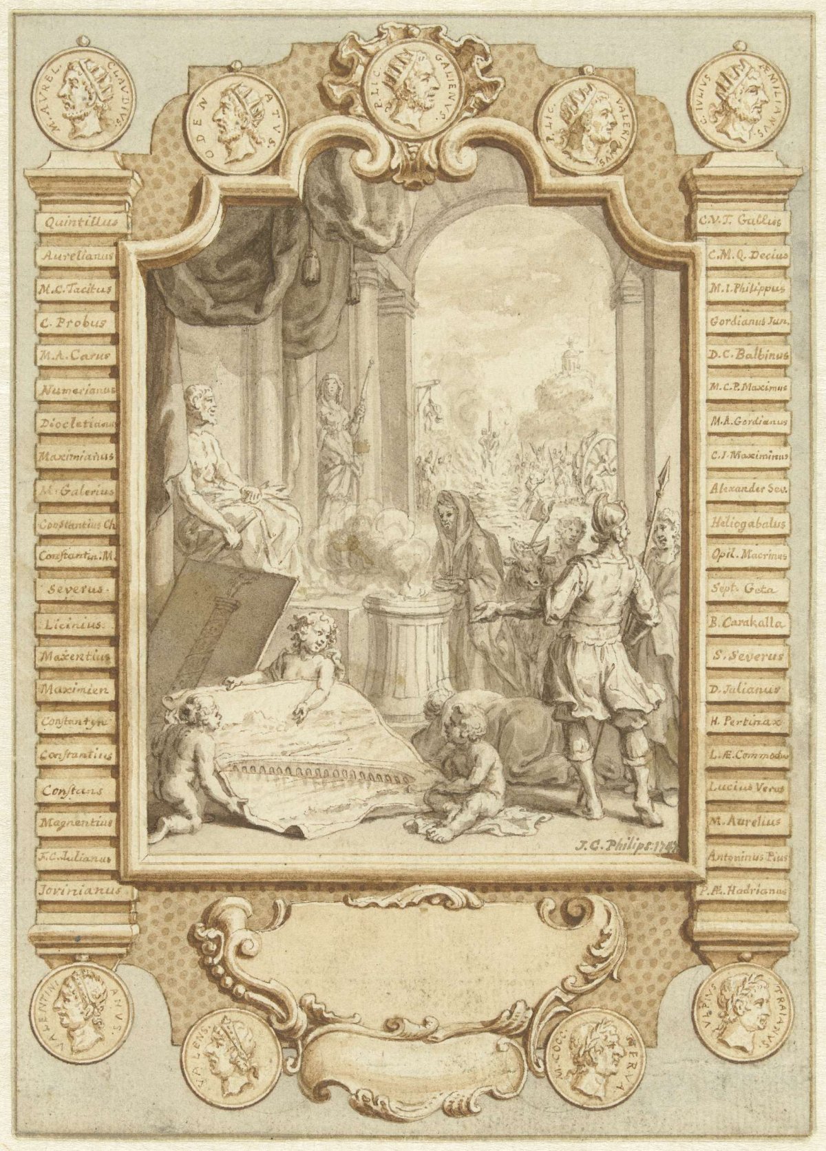 Design for title page for General History from the Beginning of the World, volume XIII, 1747, Jan Caspar Philips, 1747