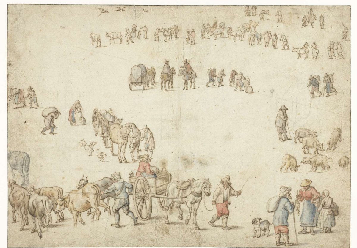 Study sheet showing farm wagons, cattle, countrymen and horsemen, anonymous, 1600 - 1700