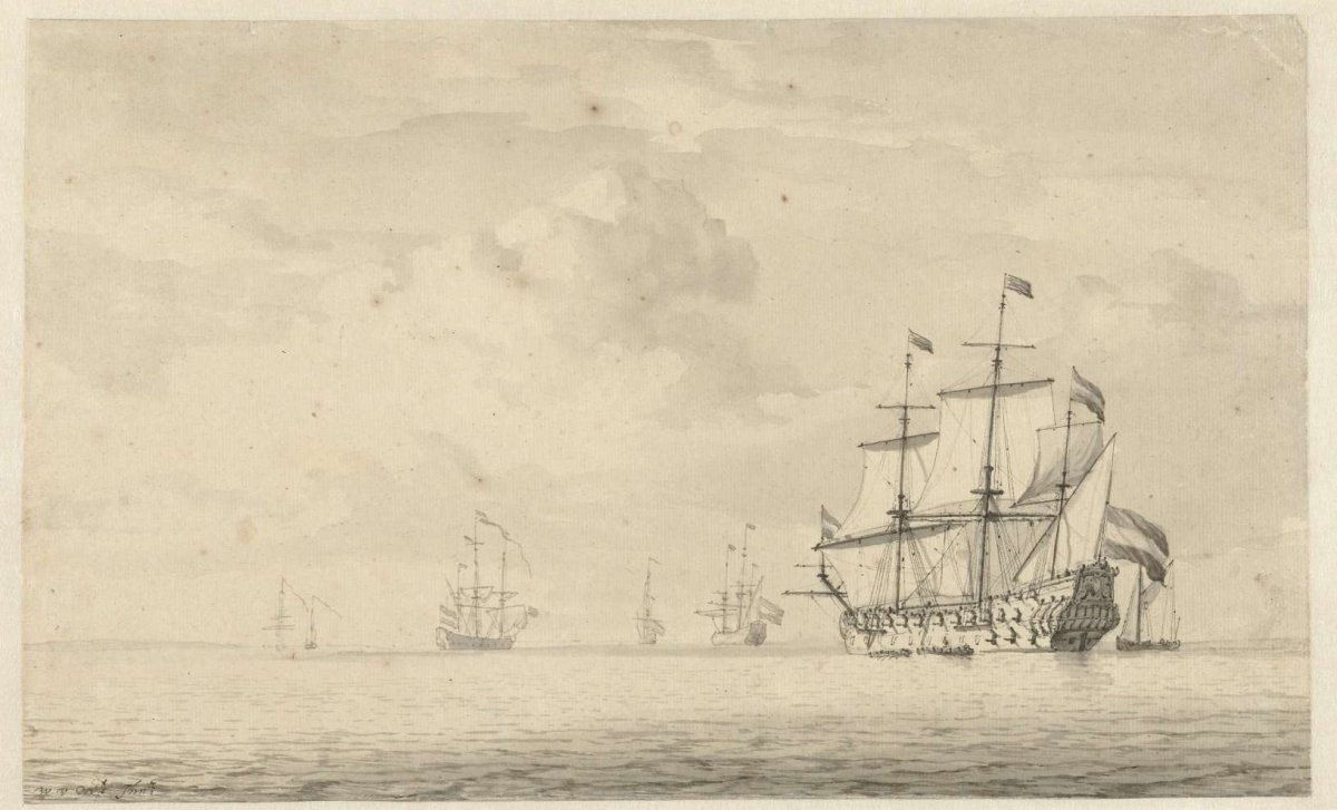 Silent sea with some warships, Willem van de Velde (I), 1621 - 1707