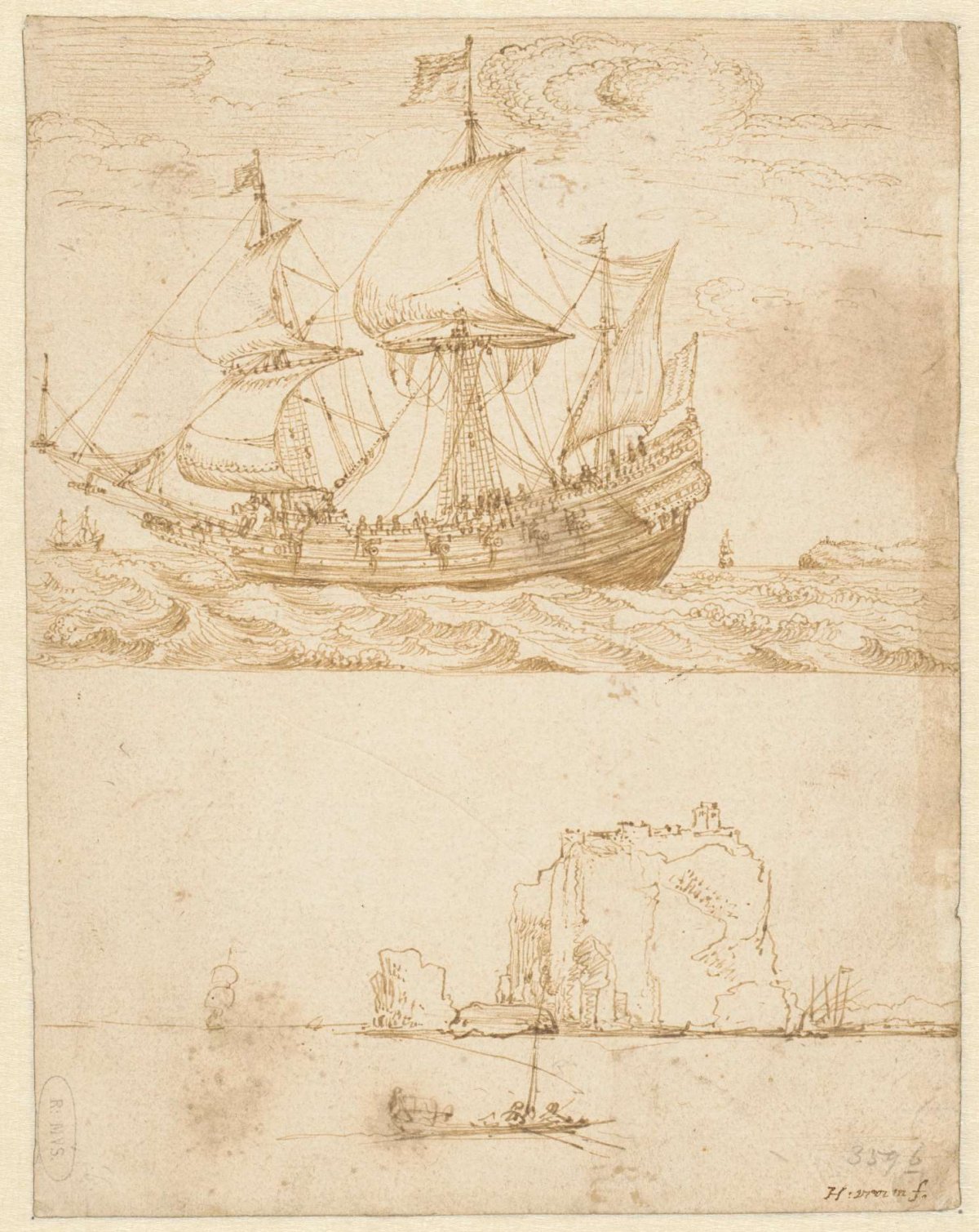 East Indiaman and seascape with rock, Hendrick Cornelisz Vroom, 1576 - 1640