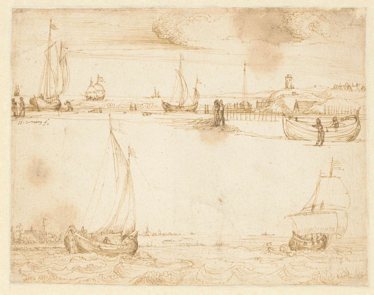 Seascape with dunes and a lighthouse on the right; seascape with ships on the South Sea, Hendrick Cornelisz Vroom, 1576 - 1640