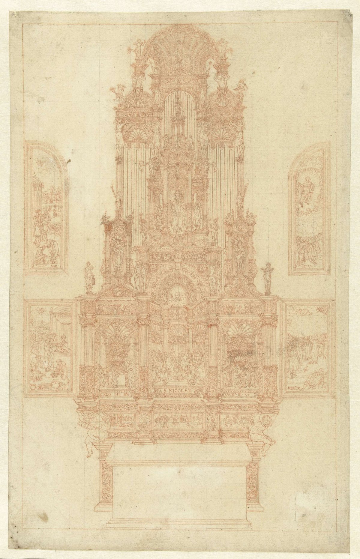 Altar with the consecration of St. Nicholas as bishop surrounded by biblical representations, anonymous, c. 1600 - c. 1699