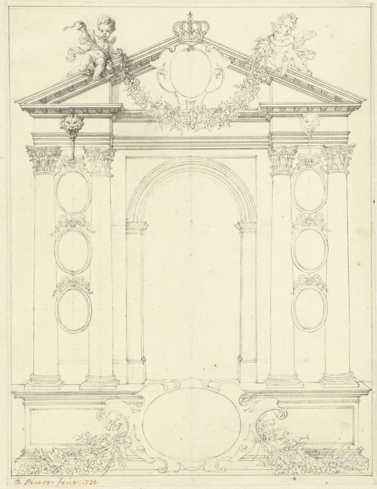 Arch of honor with putti and garlands, Bernard Picart, 1731