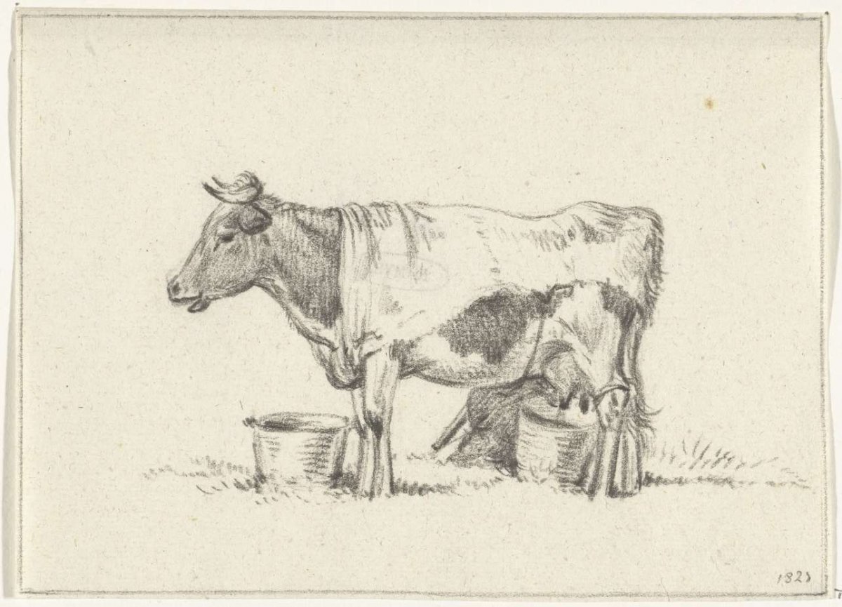 Standing cow, with milk bucket and milking stool, Jean Bernard, 1823