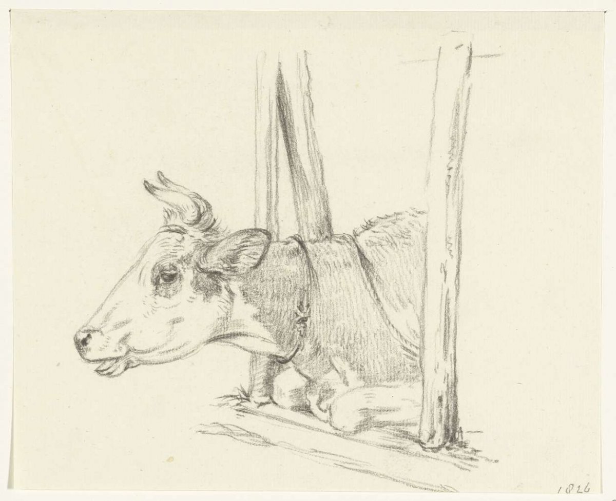 Head of a cow, lying in a barn, to the left, Jean Bernard, 1826