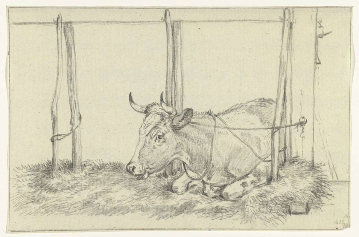 Reclining cow in a barn, to the left, Jean Bernard, 1775 - 1833