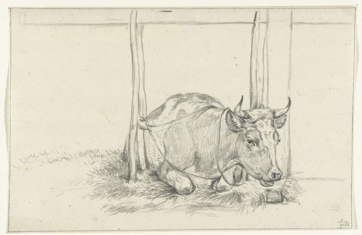 Reclining cow, in a barn, from the front, Jean Bernard, 1826