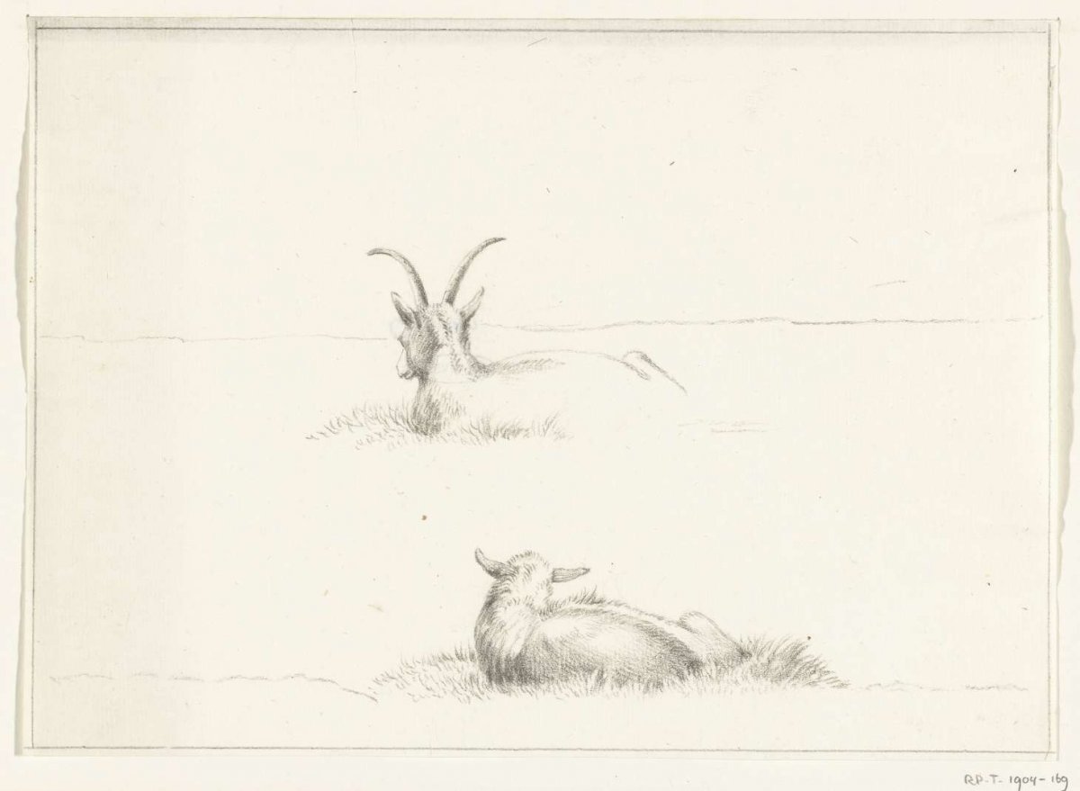 Sketches of a reclining goat and a sheep, from behind, Jean Bernard, 1775 - 1833