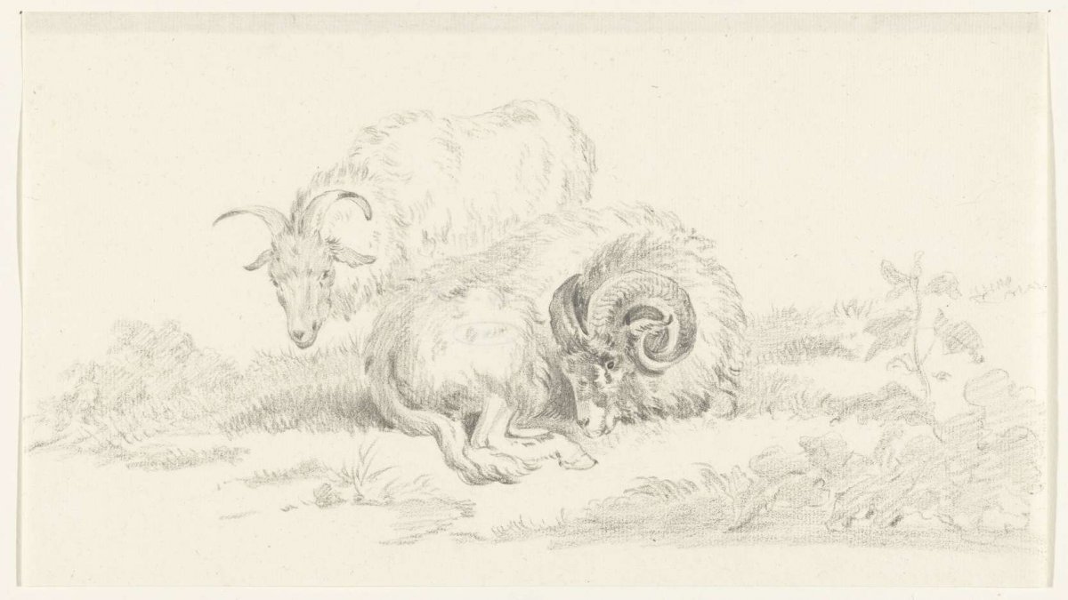 Reclining goat in front of a standing goat, Jean Bernard, 1775 - 1833