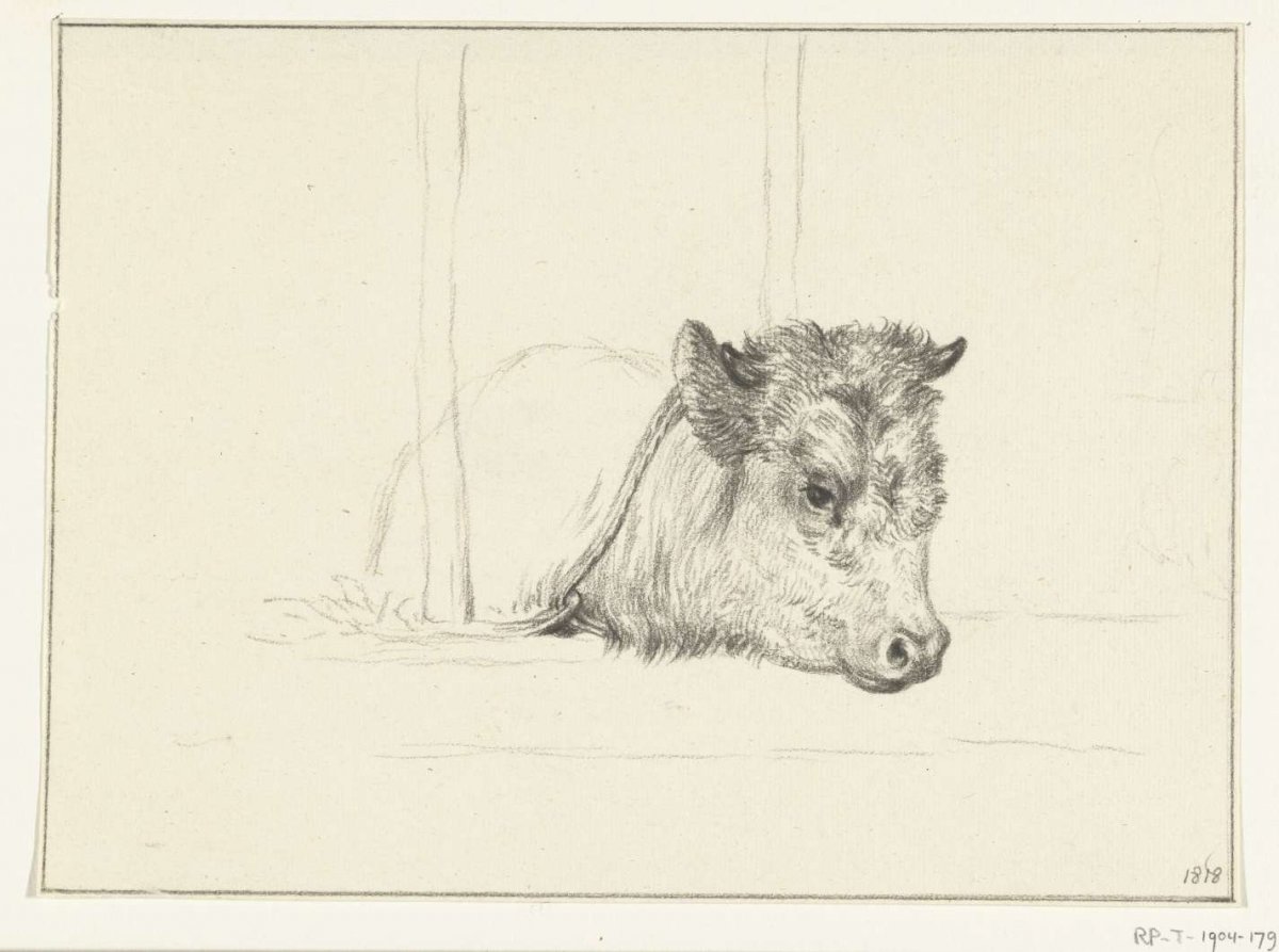Head of a cow, lying in a barn, to the right, Jean Bernard, 1818