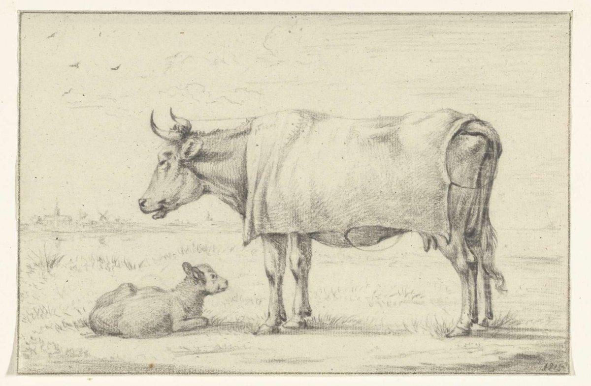 Standing cow, to the left, near a lying calf, Jean Bernard, 1815