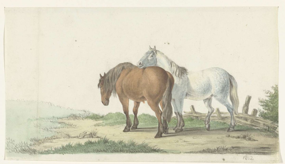 A brown and white horse on a road next to a fence, Jean Bernard, 1802