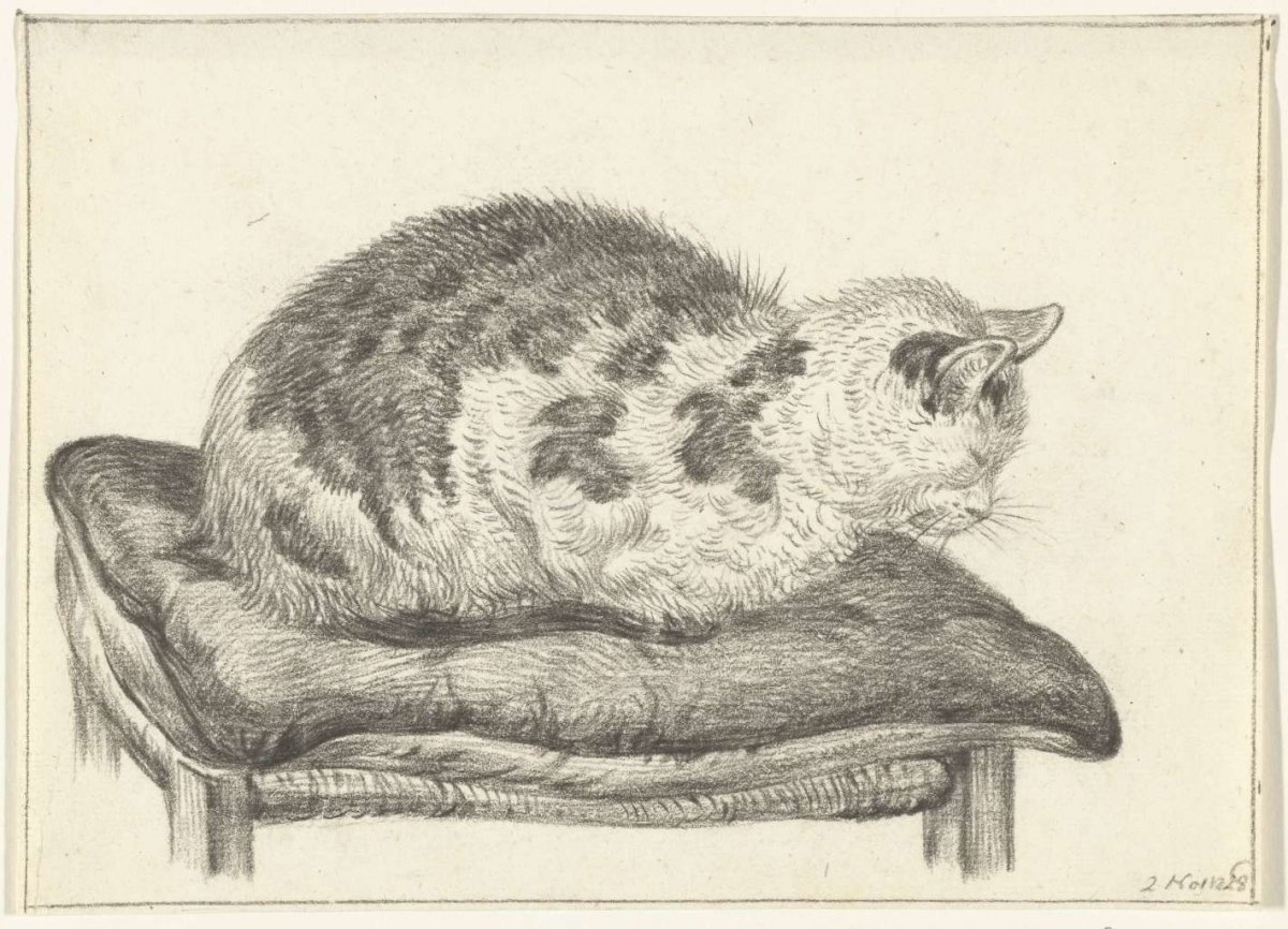 Reclining cat, on a pillow, to the left, Jean Bernard, 1828