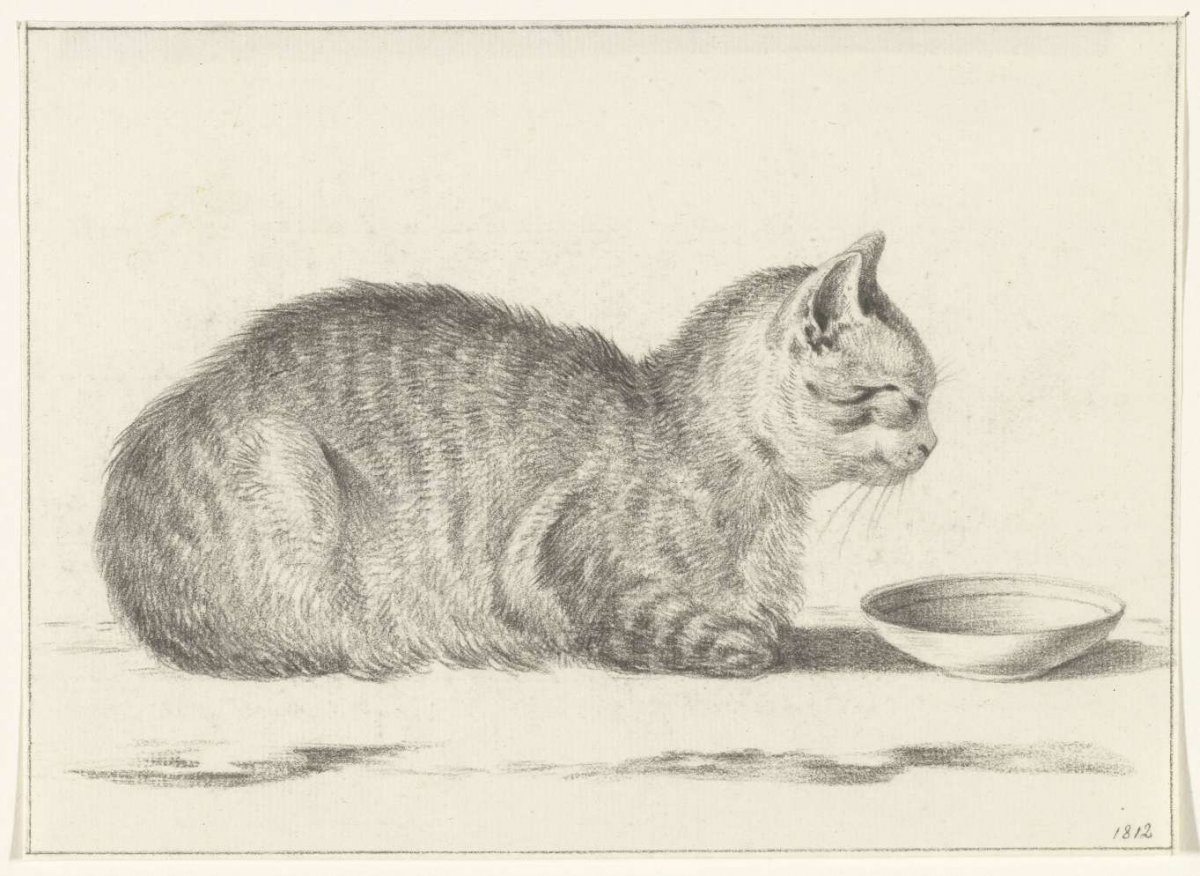 Reclining cat, to the left, in front of a saucer, Jean Bernard, 1812