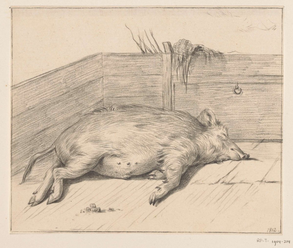 Lying pig, in the corner of a pen, Jean Bernard, 1812