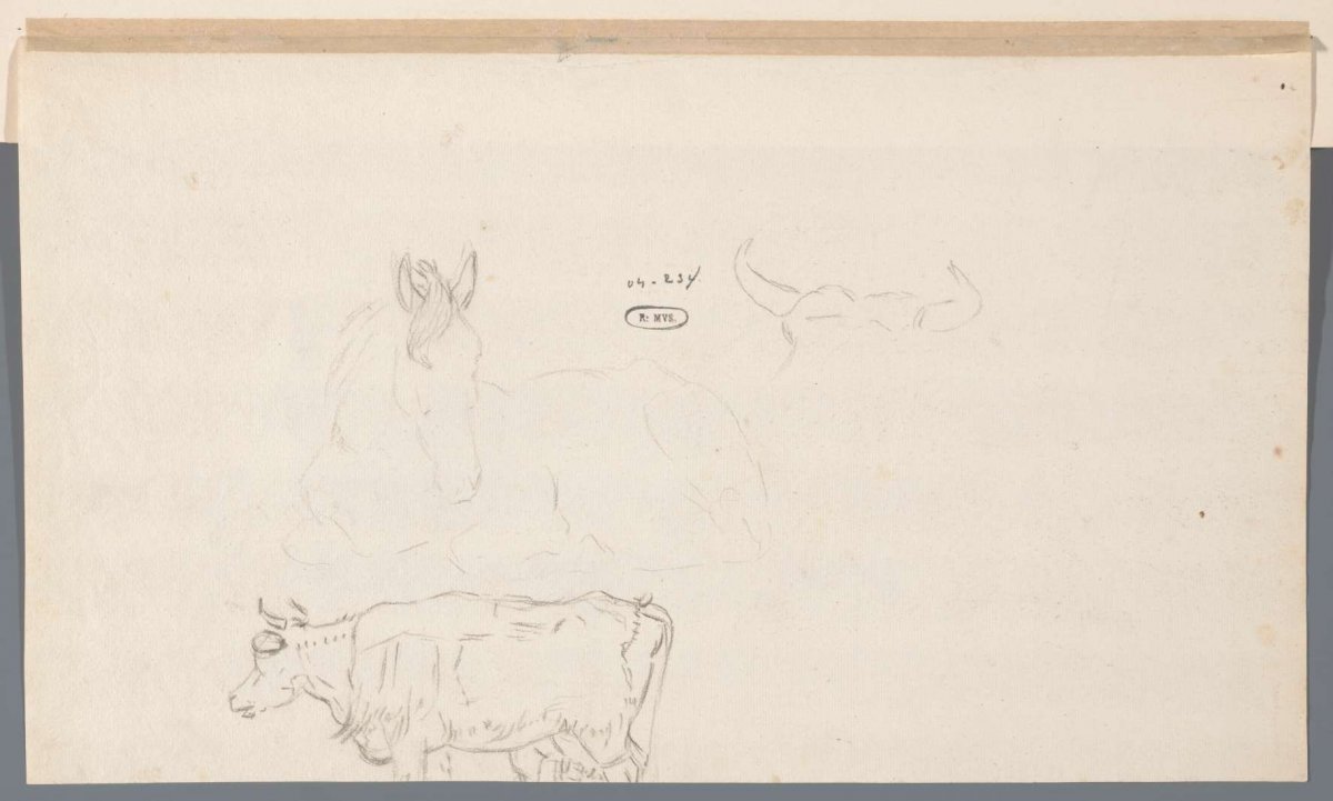 Study sheet showing a reclining horse and a standing cow, Jean Bernard, c. 1822