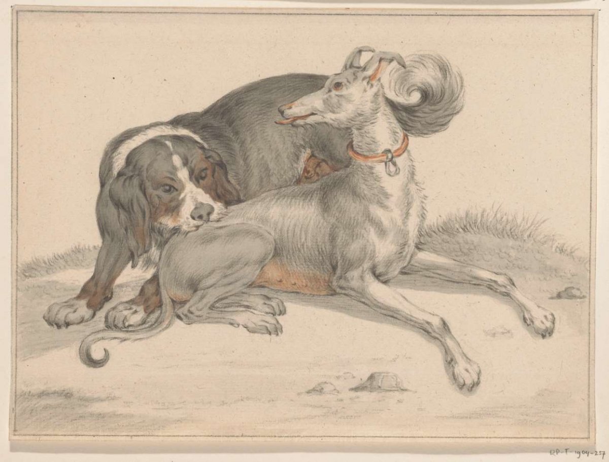 A dog bites another sitting dog in the back, Jean Bernard, 1775 - 1833