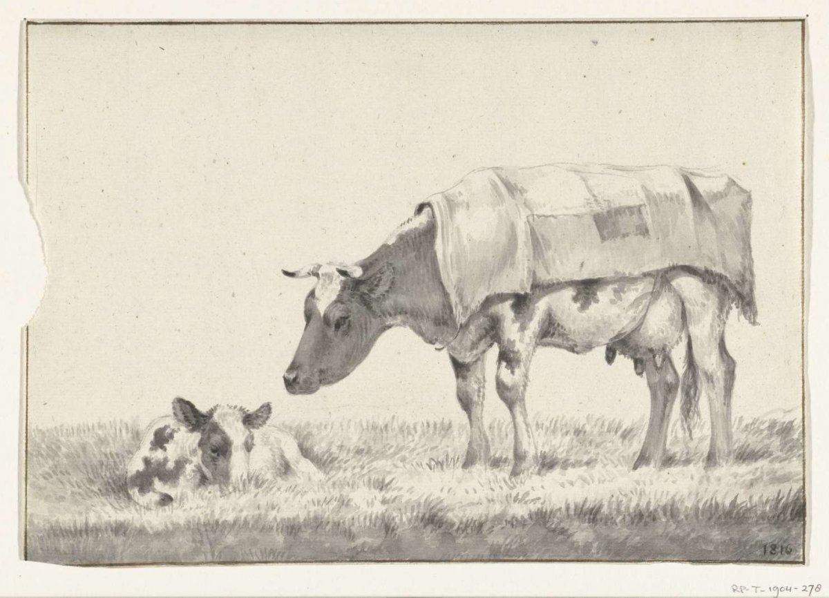 Standing cow, facing left, with recumbent calf, Jean Bernard, 1816
