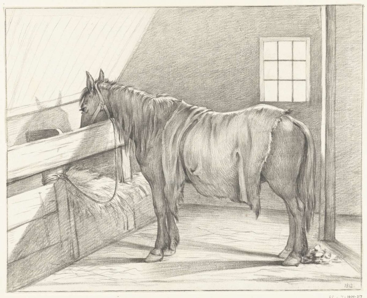 Standing horse in a stable, to the left, Jean Bernard, 1812