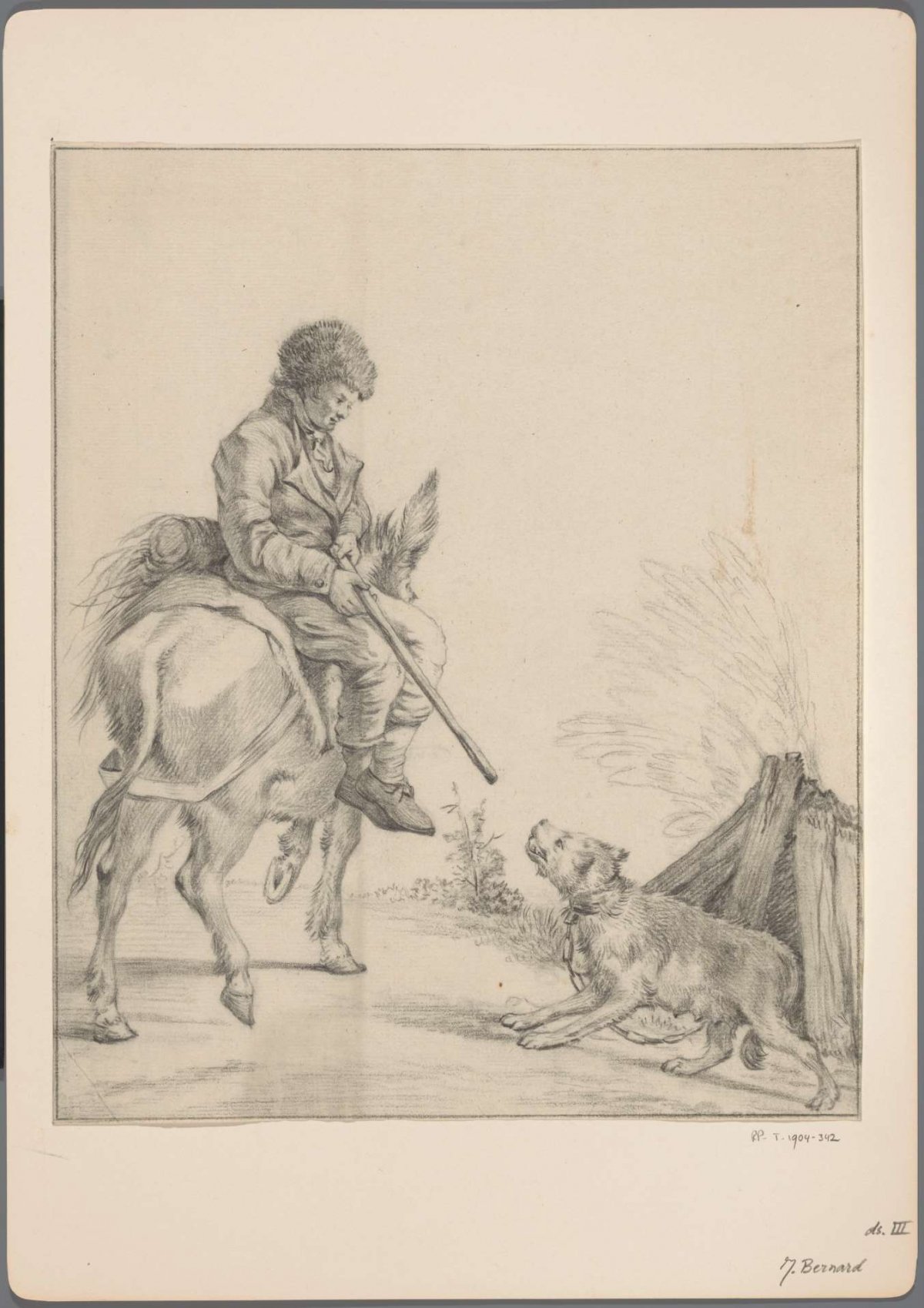 Man on a donkey rides past a barking dog, Jean Bernard, 1775 - 1833