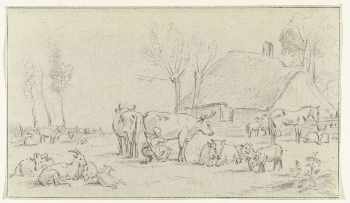 Farmyard with cattle and milking woman, Jean Bernard, c. 1775 - c. 1833