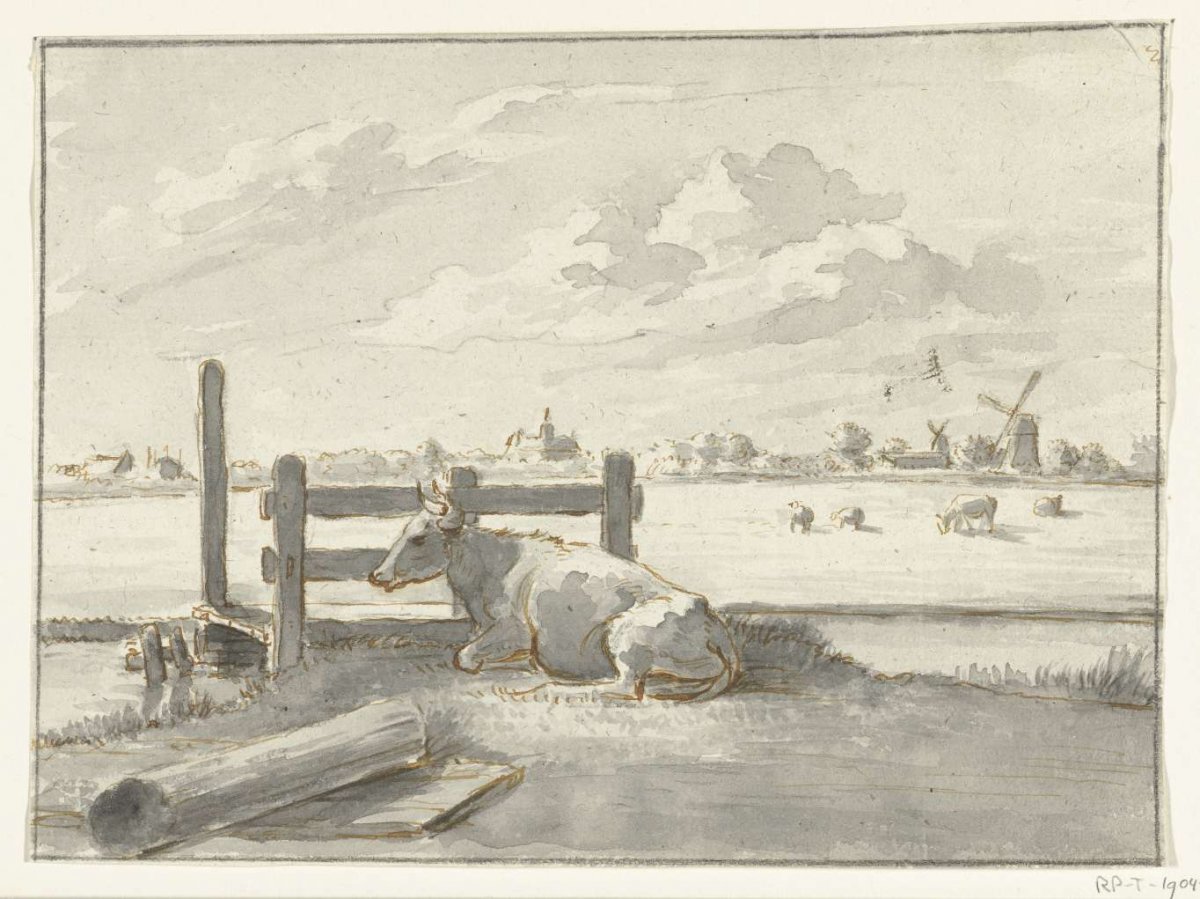 Pasture with reclining cow in foreground, Jean Bernard, 1775 - 1833