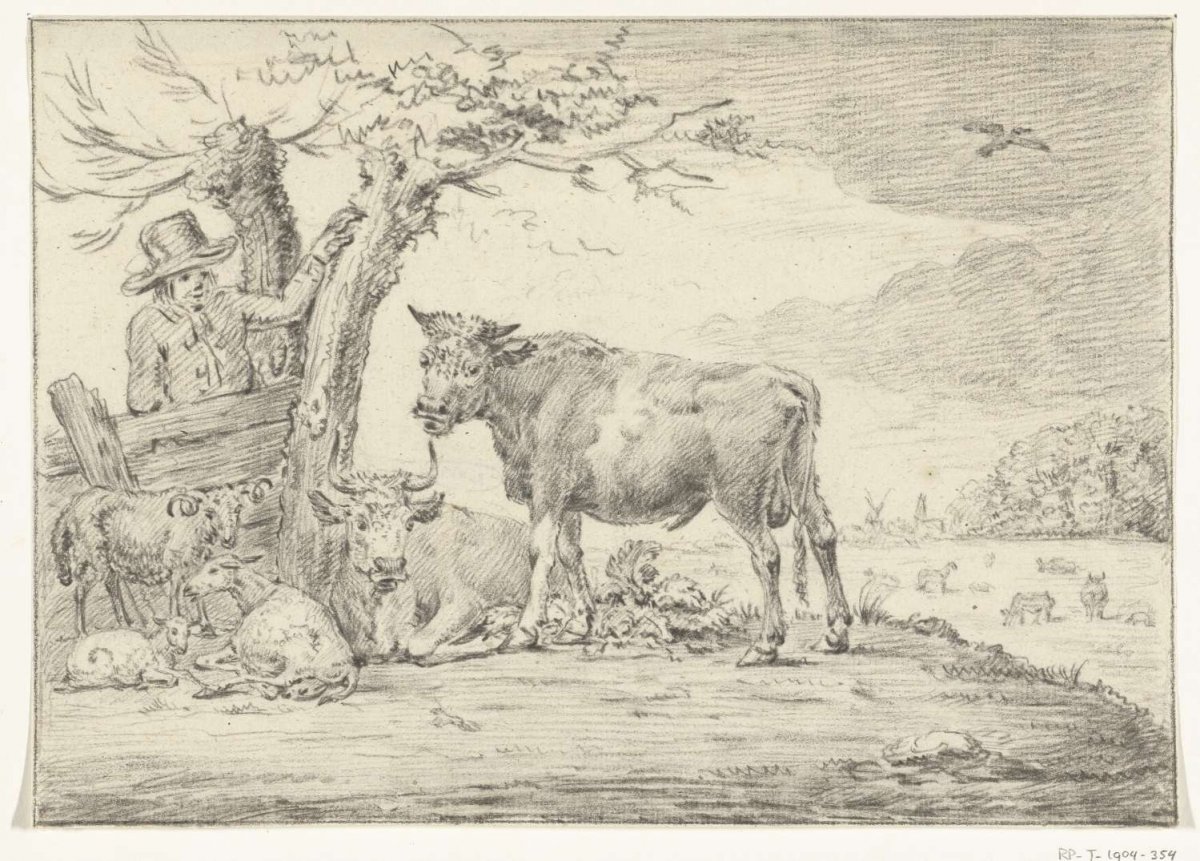Farmer standing by a fence with cattle, Jean Bernard, 1775 - 1833