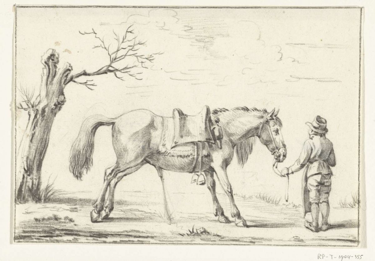 Ruiter staand naast pissend paard, Jean Bernard, 1775 - 1833