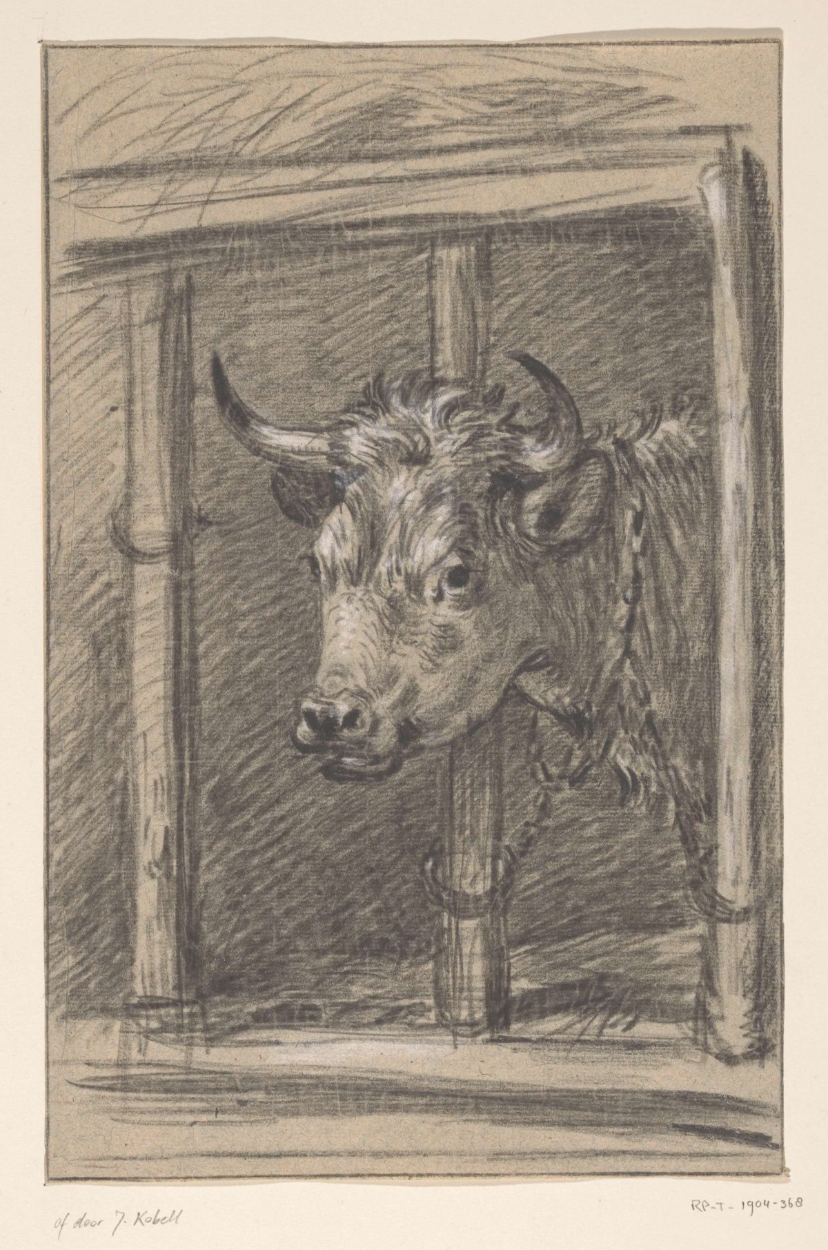 Head of a cow, through the bars of a barn, Jean Bernard, 1775 - 1833