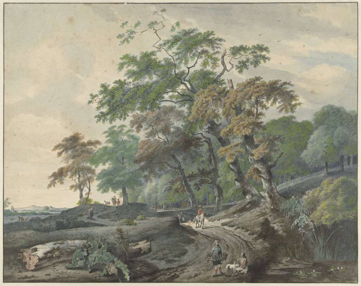 Landscape with a road through a forest and a falcon hunter, Gerard van Nijmegen, 1801