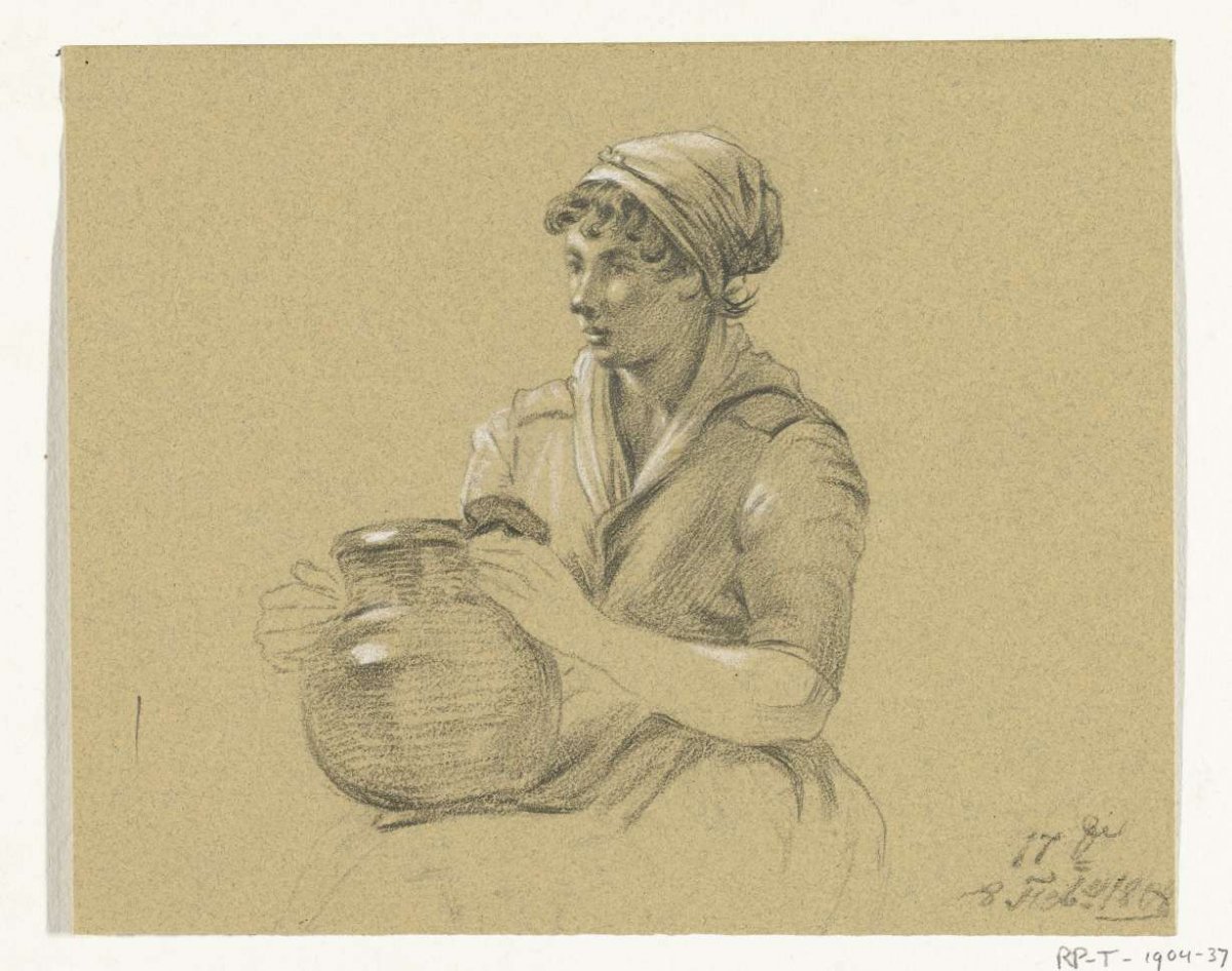 Sitting girl with a large pitcher, Jean Bernard, 1800 - 1809