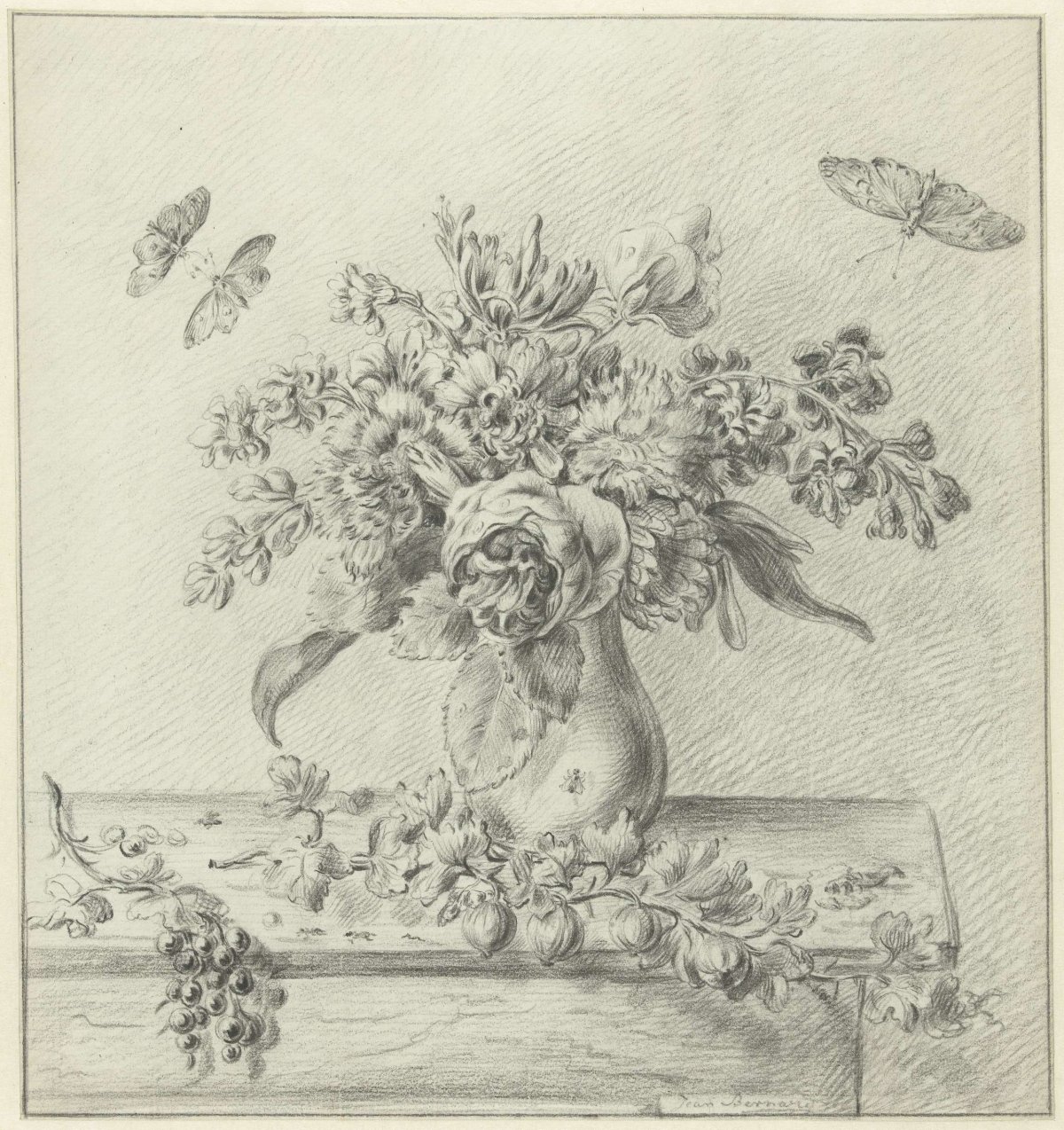 Still life with flower arrangement, fruits and insects, Jean Bernard, 1775 - 1833