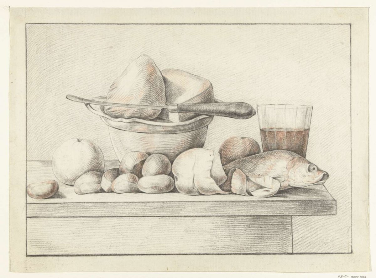 Still life with bread, cheese, fish, fruit and a glass of wine, Jean Bernard, 1775 - 1833