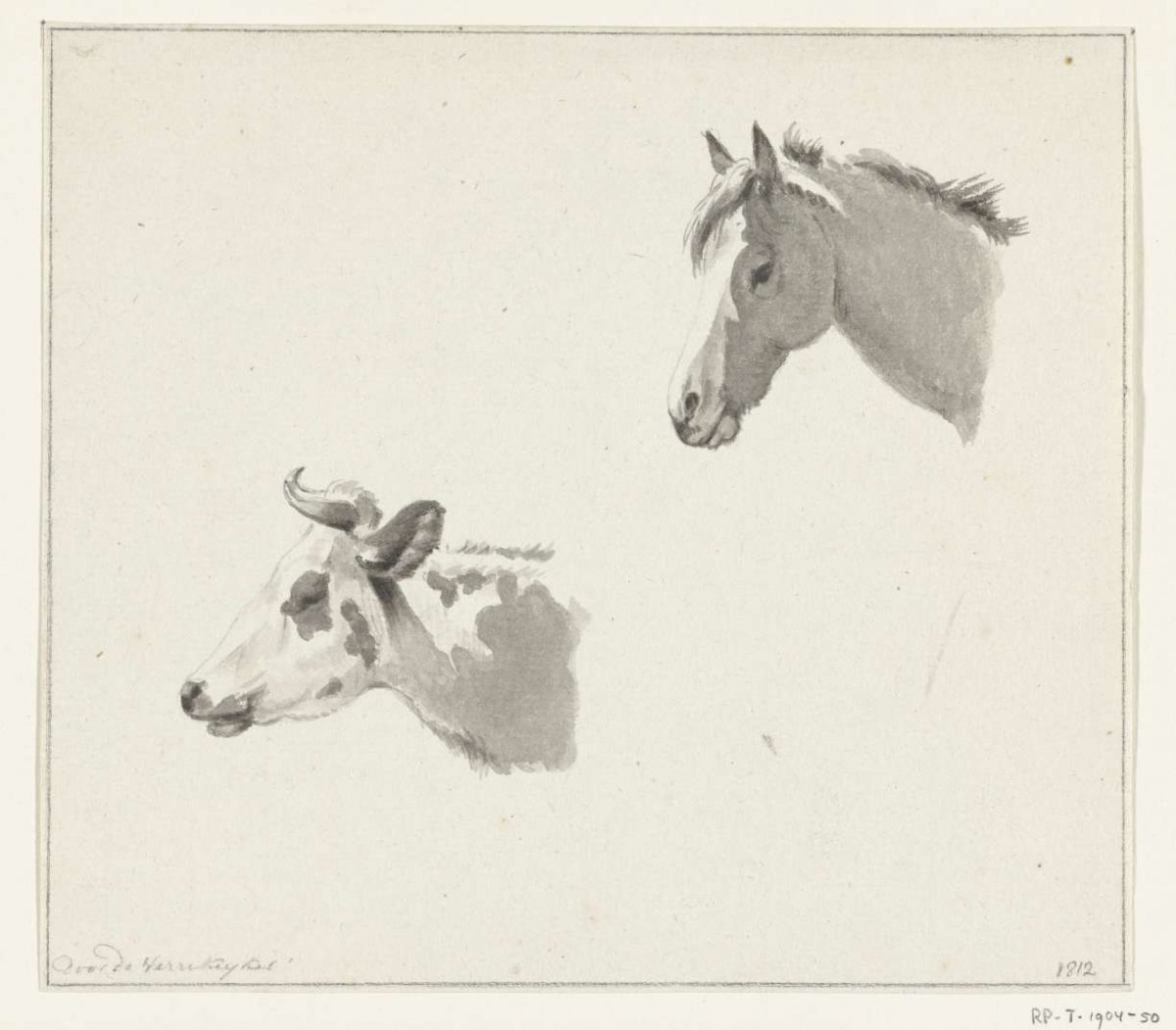 Head of a horse and the head of a cow, Jean Bernard, 1812