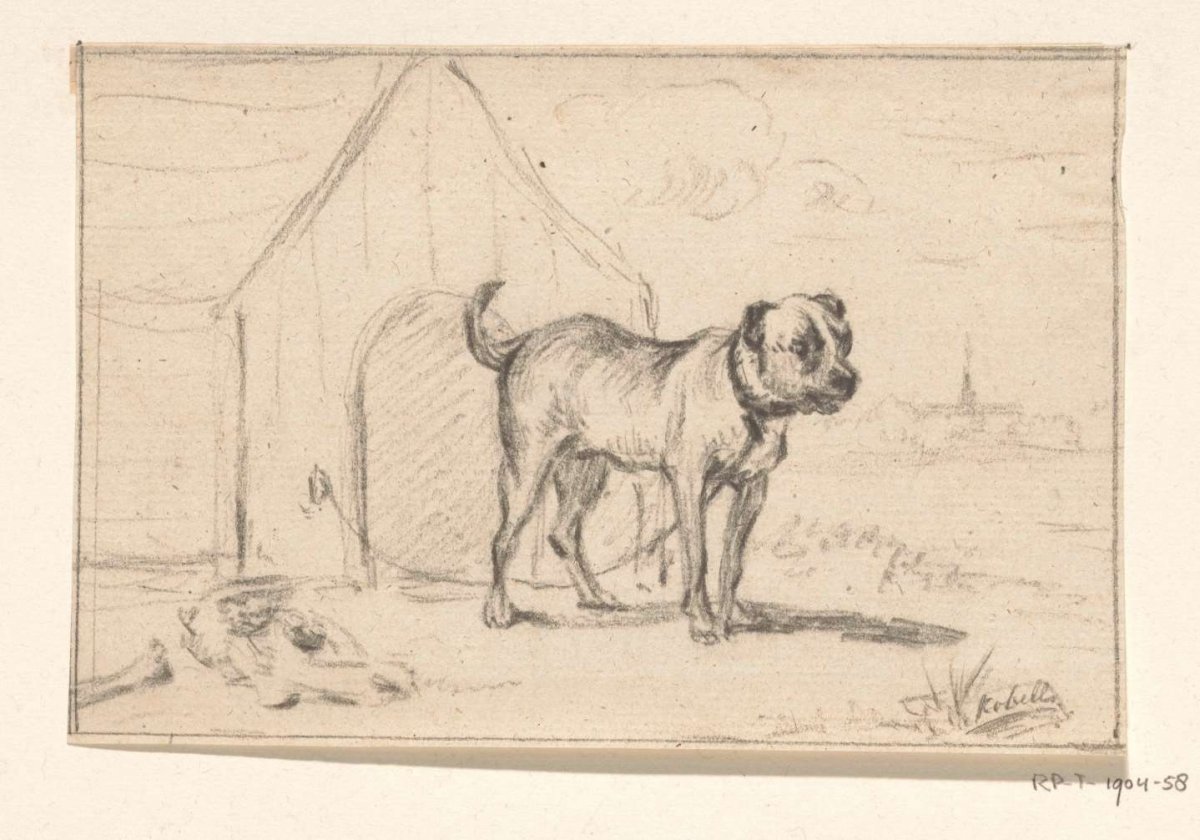 Leashed dog, standing in front of its pen, Jean Bernard, 1775 - 1833