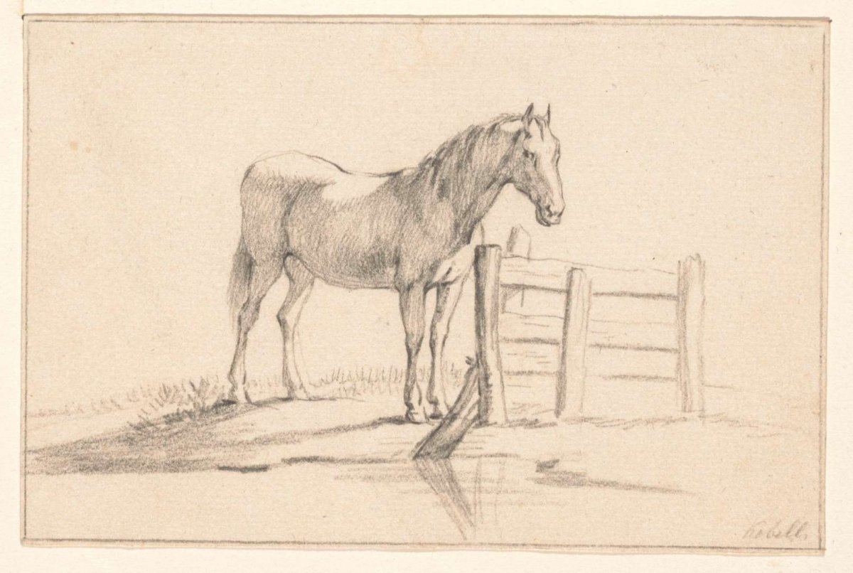 Standing horse at a fence, to the right, Jean Bernard, 1775 - 1833