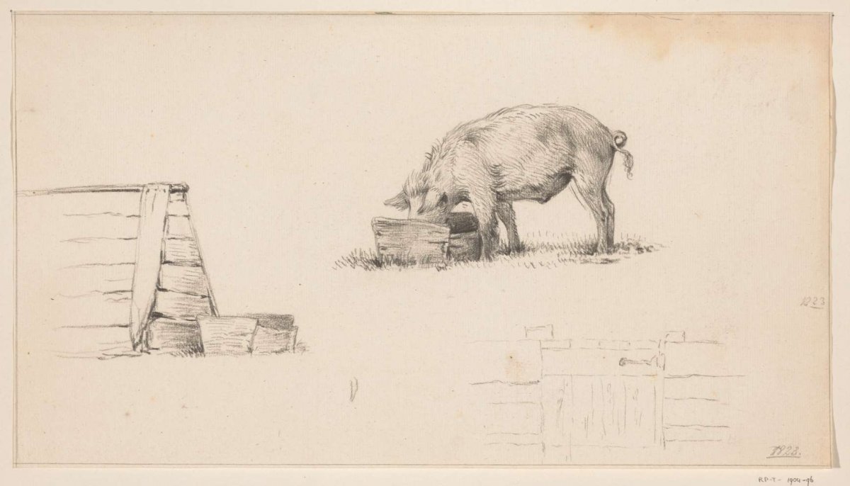 Pig, a pen and a sketch of a fence, Jean Bernard, 1823