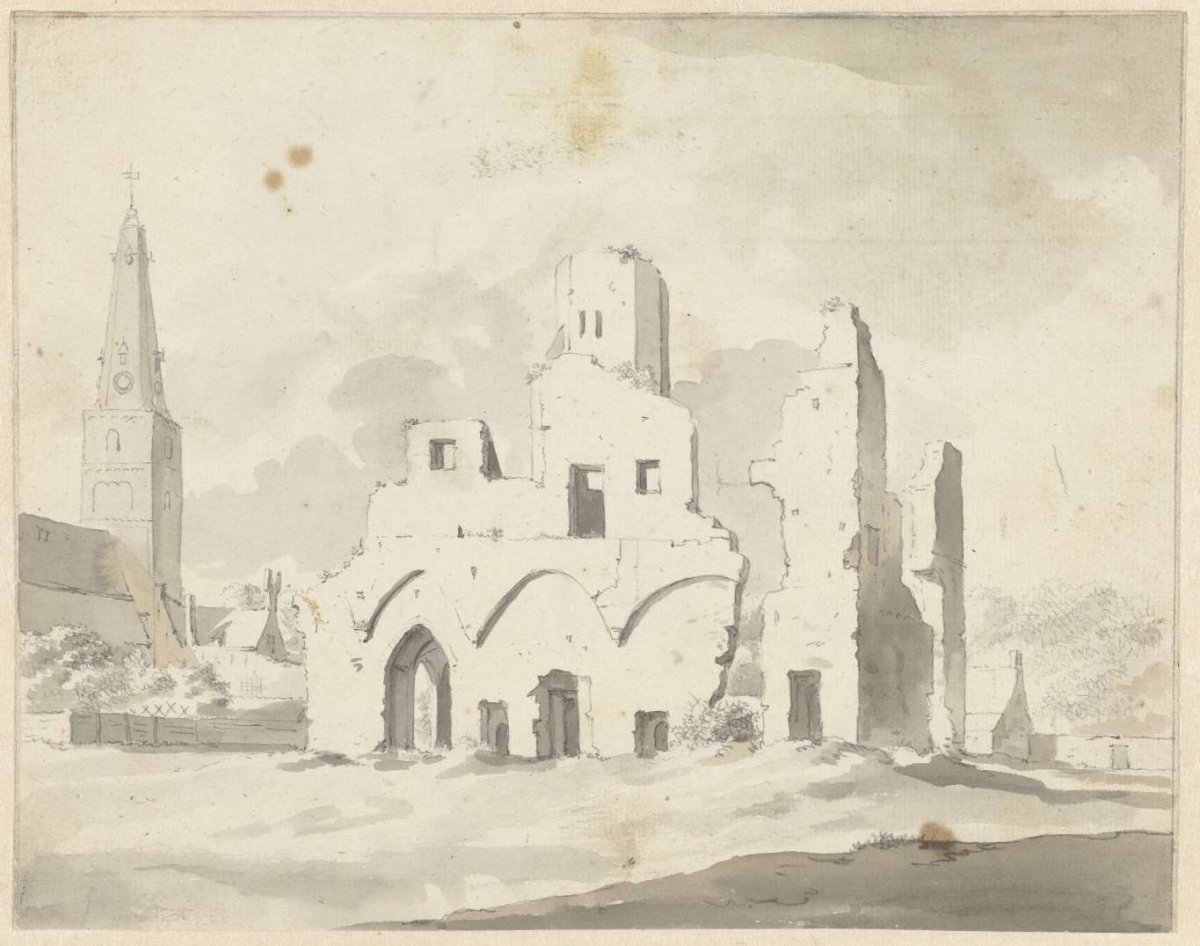 The ruins of Rijnsburg Abbey with the church, Johannes Huibert Prins, 1781