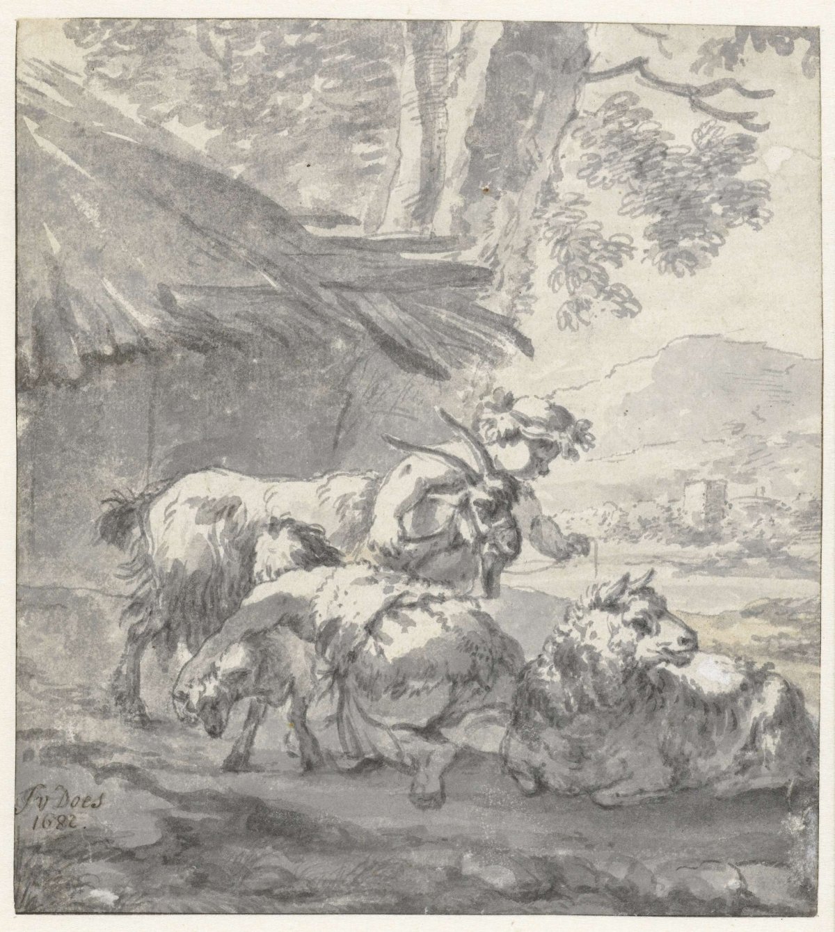 Landscape with Two Children Playing with a Goat, a Lamb and a Sheep, Simon van der Does, 1682